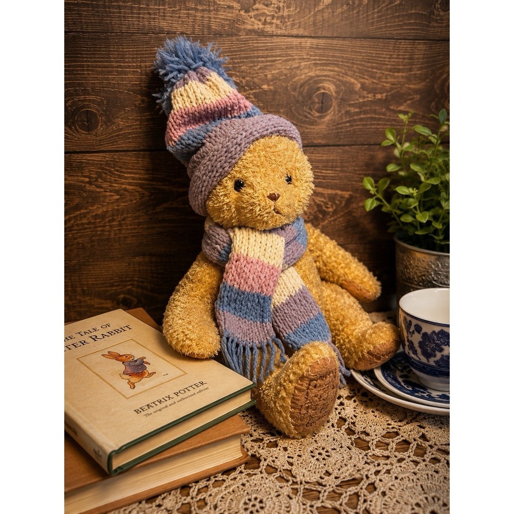 VTG Cherished Teddies Brown Teddy Bear Pastel Purple Hat Scarf Plush Toy 2002